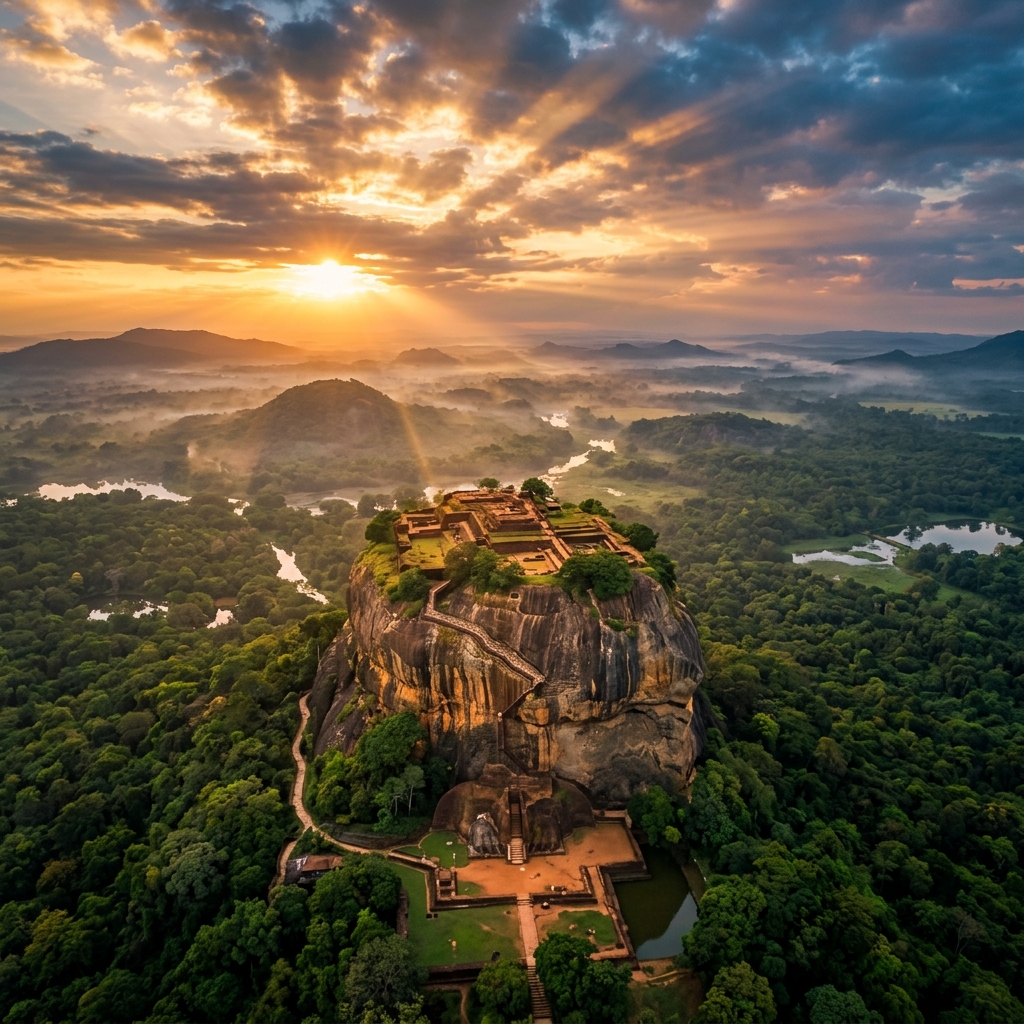 Sigiriya Lion Rock Fortress at golden hour, ancient rock rising from dense jungle canopy