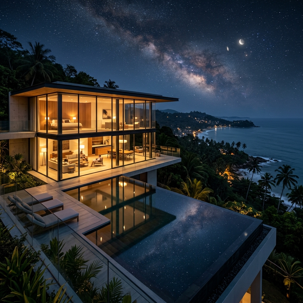 Ultra-modern glass luxury pavilion overlooking the tropical coast