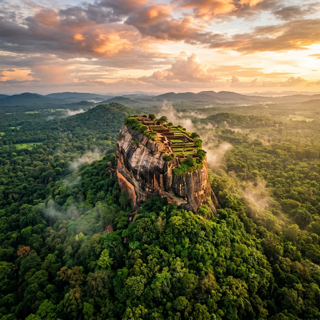 Ancient Sigiriya Rock Fortress rising from the jungle canopy at golden hour